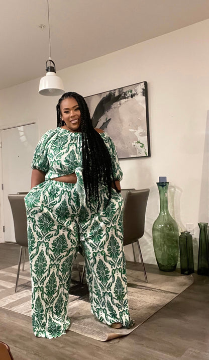 GREEN/WHITE PRINTED OFF SHOULDER 2-PIECE PANT SET