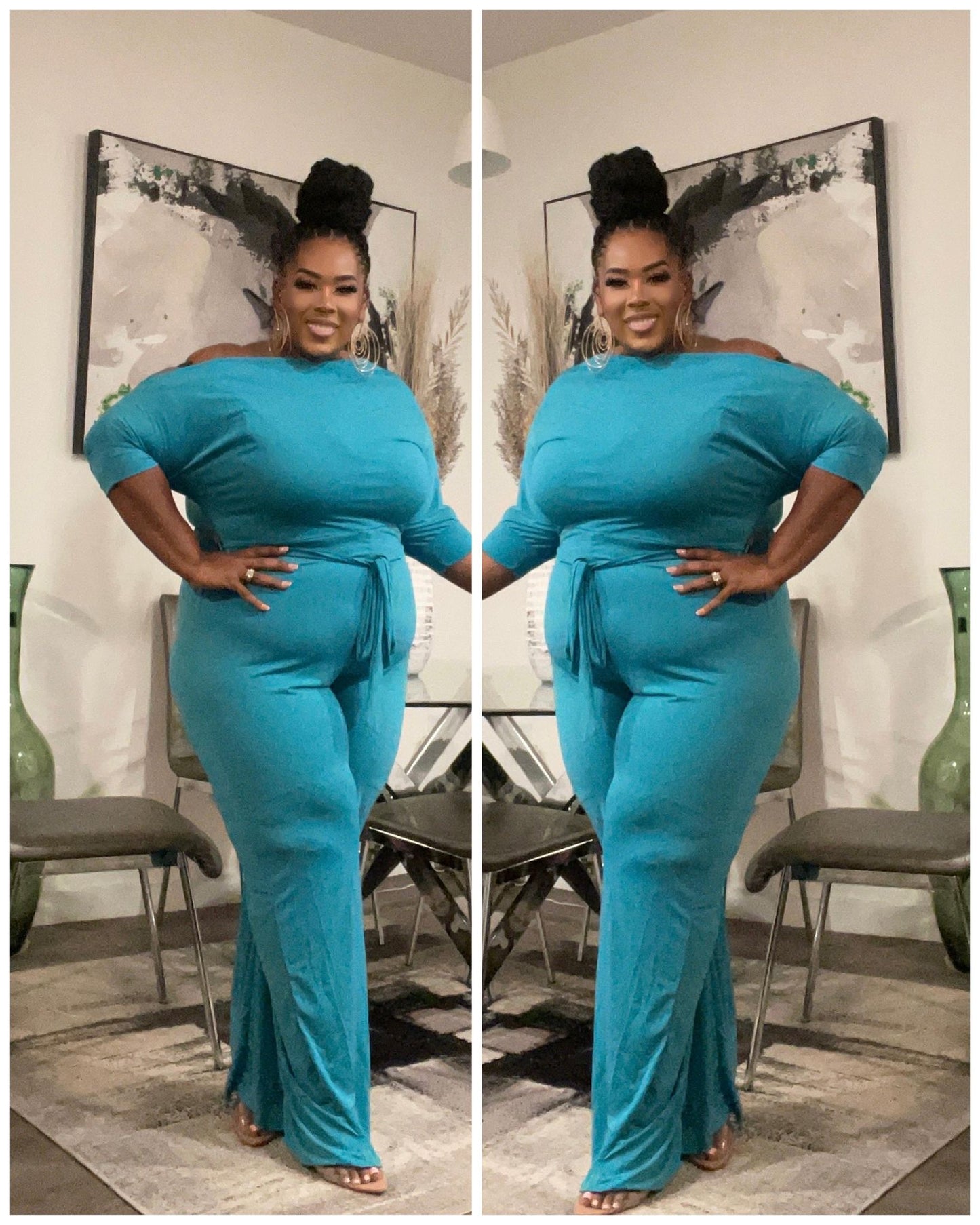 PLUS SIZE WIDE LEG JUMPSUIT W/BELT.-JADE