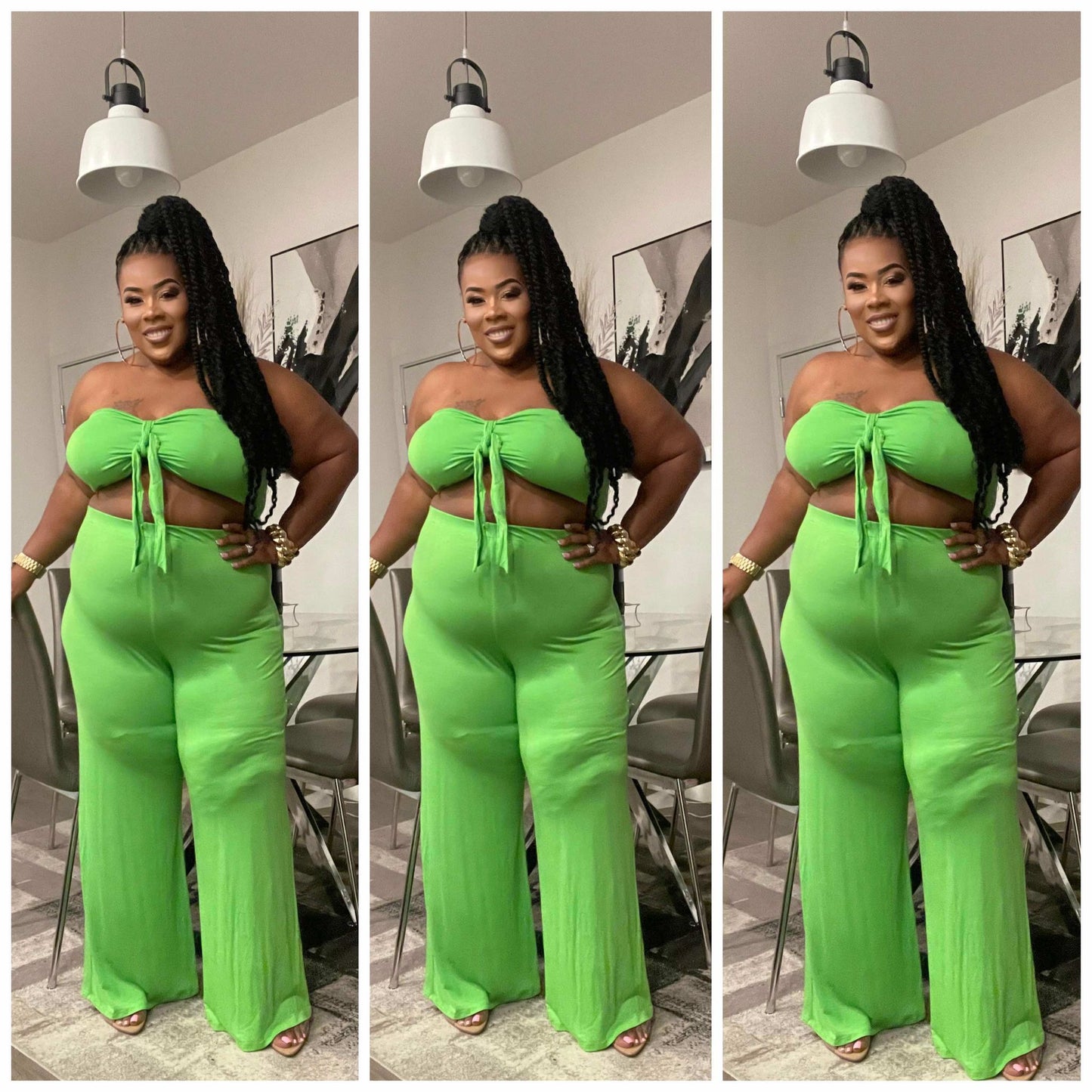 GREEN BOW BANDAEU TOP & WIDE LEG PANTS SET