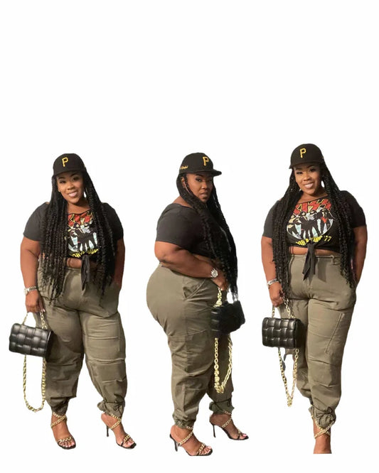 PLUS SIZE HIGH WAIST PARACHUTE JOGGER PANTS-OLIVE