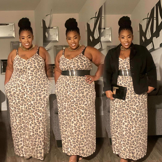 PLUS SIZE CAMI MAXI DRESS WITH SIDE POCKETS-ANIMAL PRINT