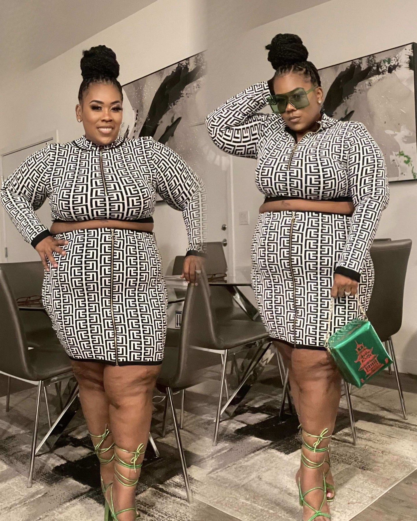 PLUS SIZE 2-PIECE BLACK/WHITE PRINTED SKIRT SET