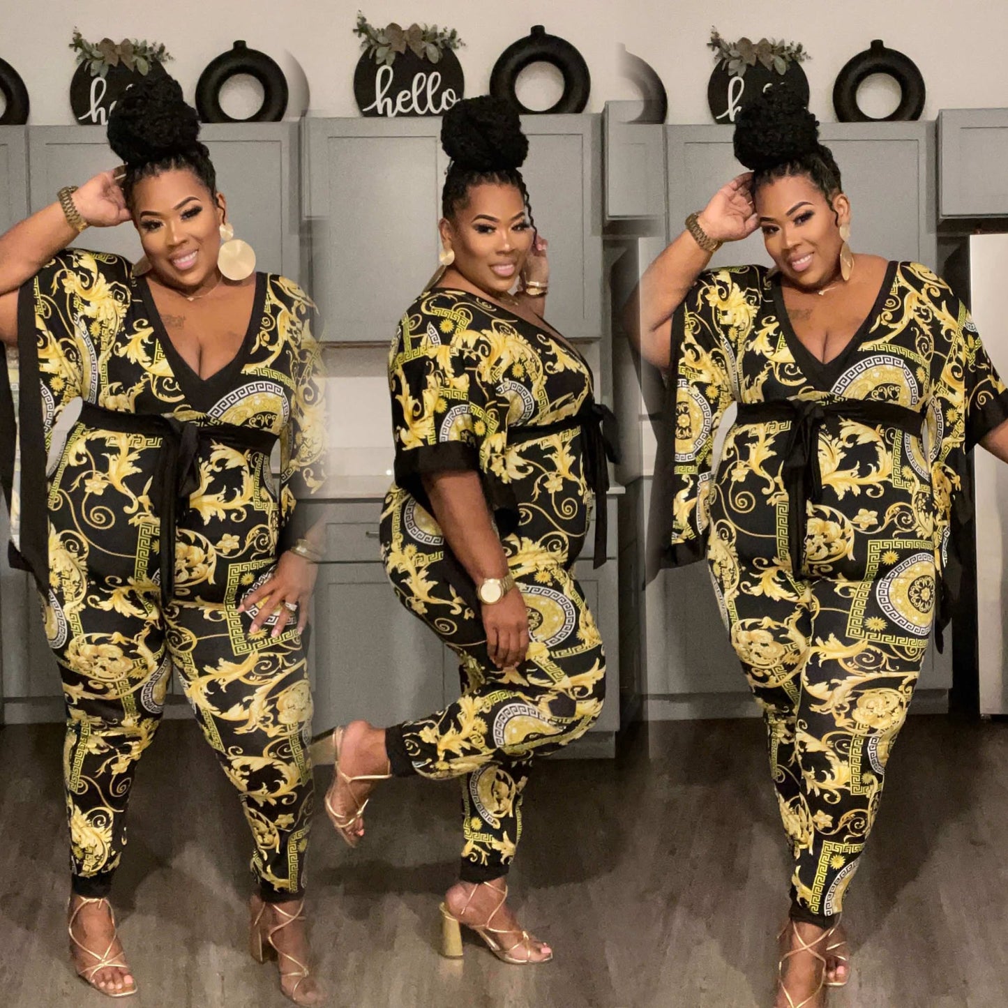 BLACK/GOLD PRINTED FLARE SLEEVE JUMPSUIT W/BELT