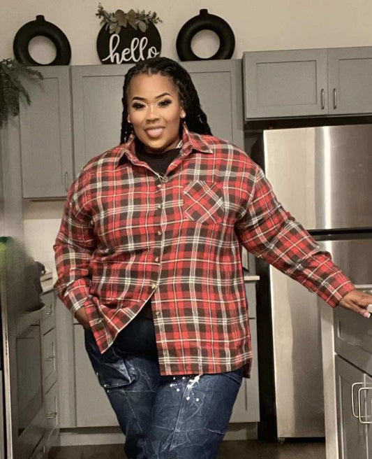 PLUS SIZE PLAID BUTTON UP SHIRT- RED MIX