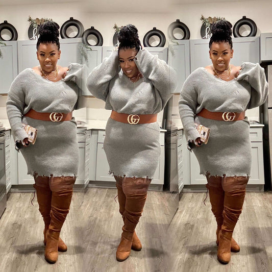 PLUS SIZE OVERSIZE DESTROYED SWEATER DRESS-GREY