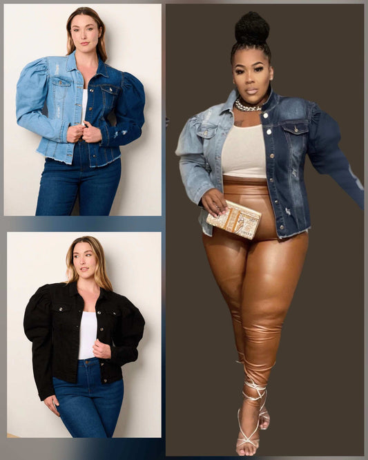 PLUS SIZE PUFF SLEEVE BUTTON DENIM JACKET