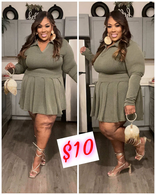 PLUS SIZE LONG SLEEVE RIBBED BABY DOLL DRESS