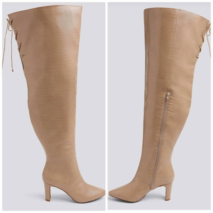 THIGH HIGH FAUX CROC BOOTS-TAUPE