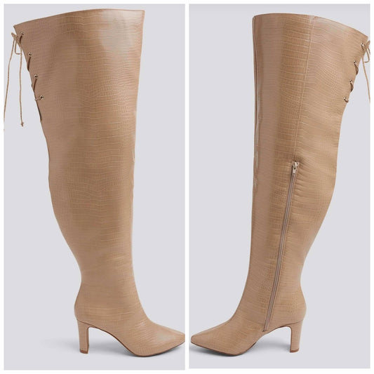 THIGH HIGH FAUX CROC BOOTS-TAUPE