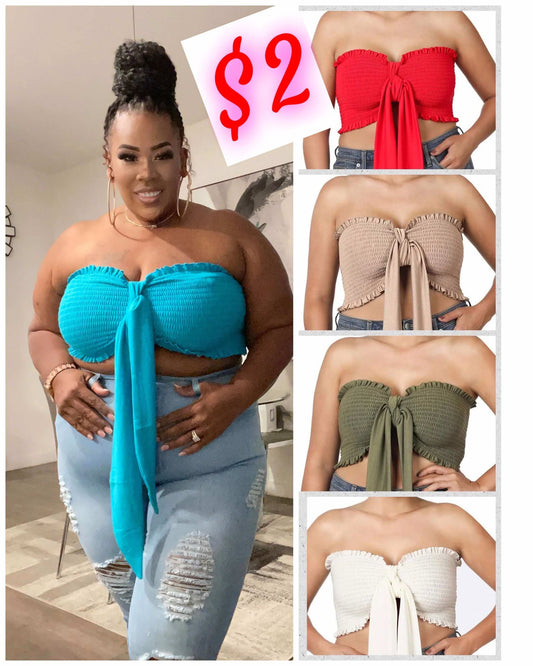 PLUS SIZE PLUS  SMOCKED TIE FRONT TUBE TOP