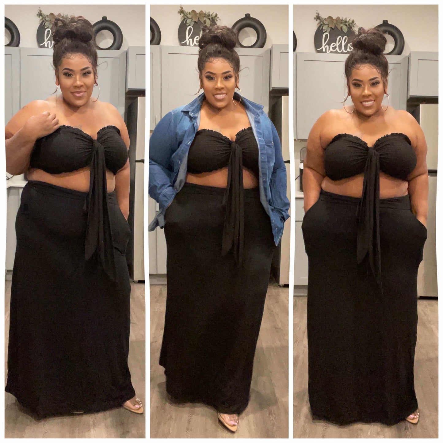 PLUS SIZE 2-PIECE MAXI SKIRT W/POCKETS & BANDAEU TOP SET