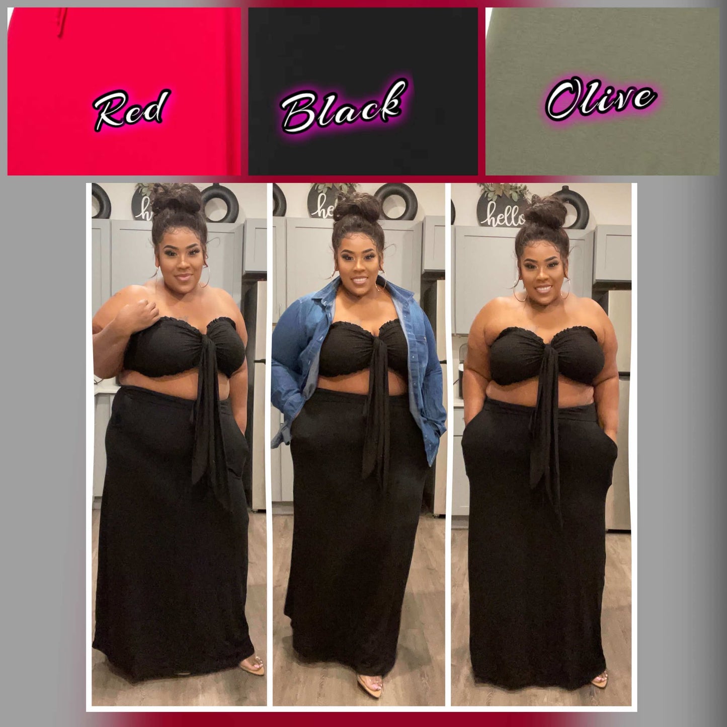 PLUS SIZE 2-PIECE MAXI SKIRT W/POCKETS & BANDAEU TOP SET