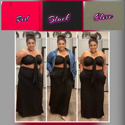 PLUS SIZE 2-PIECE MAXI SKIRT W/POCKETS & BANDAEU TOP SET