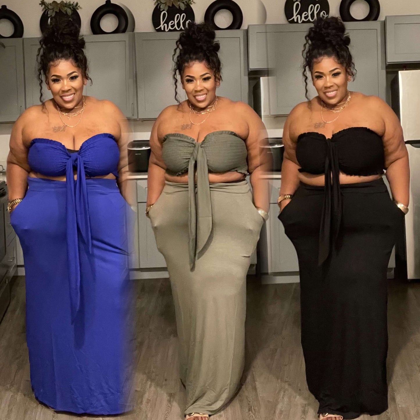 PLUS SIZE 2-PIECE MAXI SKIRT W/POCKETS & BANDAEU TOP SET