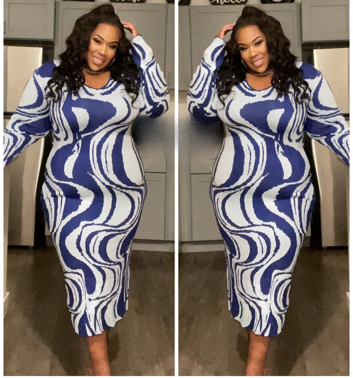 PLUS SIZE BLUE SWIRL PRINTED SWEATER DRESS