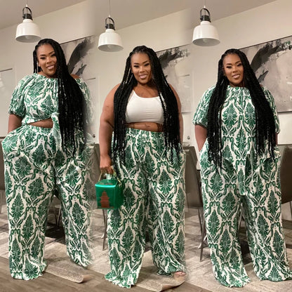 GREEN/WHITE PRINTED OFF SHOULDER 2-PIECE PANT SET