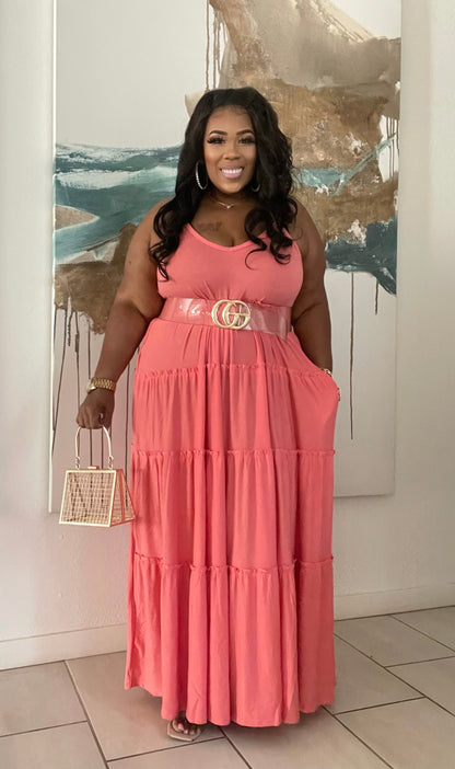 CORAL SPAGHETTI STRAP TIERED PLUS SIZE 2-POCKET MAXI DRESS (VERY ROOMY)