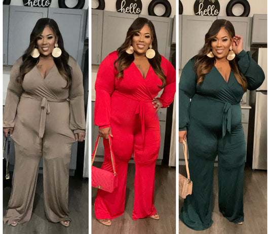 PLUS SIZE DEEP V-NECK WIDE LEG JUMPSUIT W/BELT