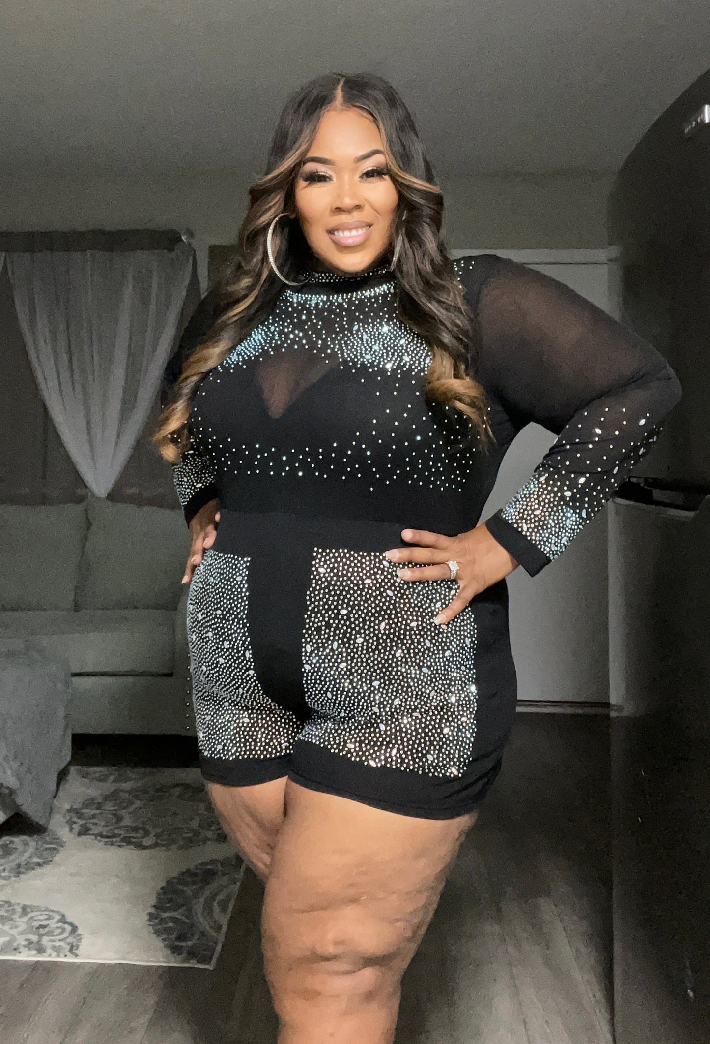 PLUS SIZE LONG SLEEVE MESH STUDS DETAILED ROMPER