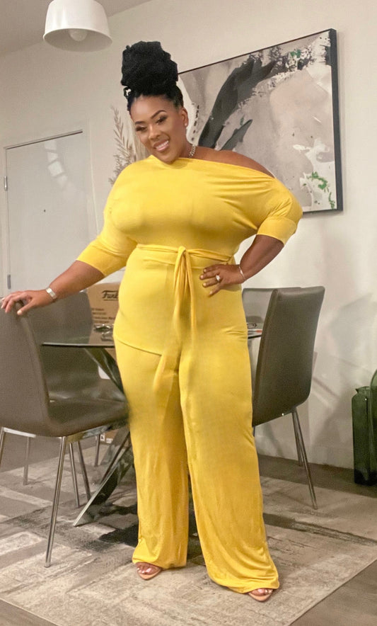 PLUS SIZE WIDE LEG JUMPSUIT W/BELT-MUSTARD