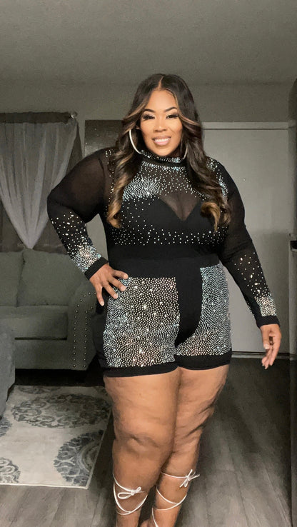 PLUS SIZE LONG SLEEVE MESH STUDS DETAILED ROMPER