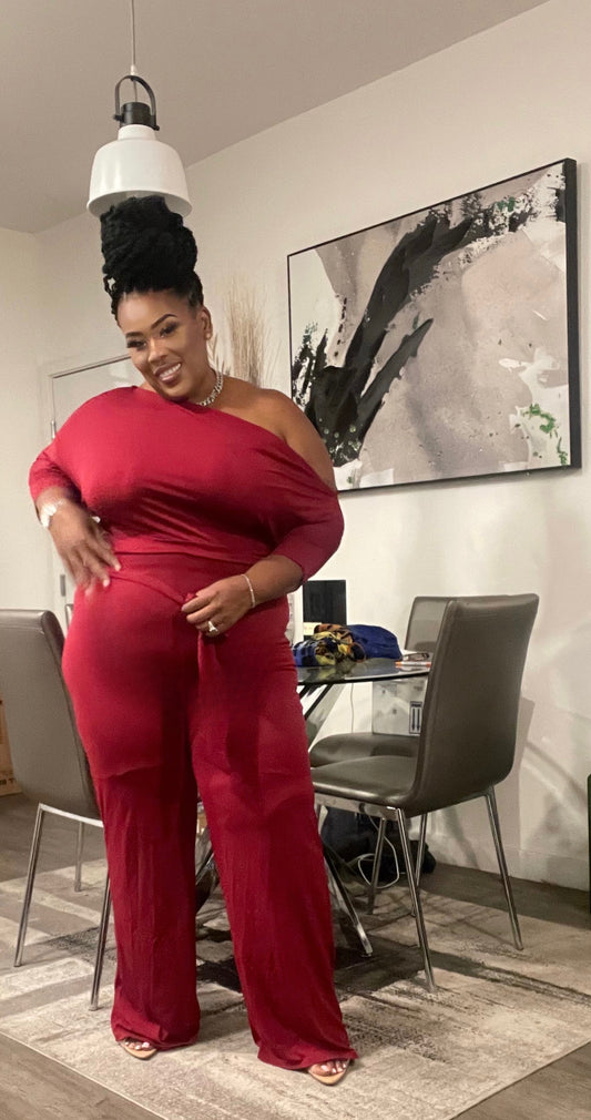 PLUS SIZE WIDE LEG JUMPSUIT W/BELT-BURGUNDY