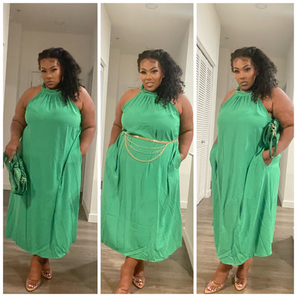 GREEN PLUS SIZE SLEEVELESS HALTER NECK POCKETS TUNIC MIDI DRESS