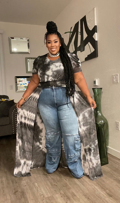 PLUS SIZE LONG FLARE FRONT PUFF SHOULDER TOP-GREY MIX