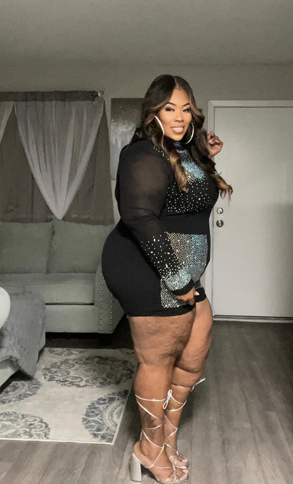 PLUS SIZE LONG SLEEVE MESH STUDS DETAILED ROMPER