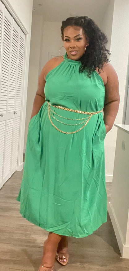 GREEN PLUS SIZE SLEEVELESS HALTER NECK POCKETS TUNIC MIDI DRESS