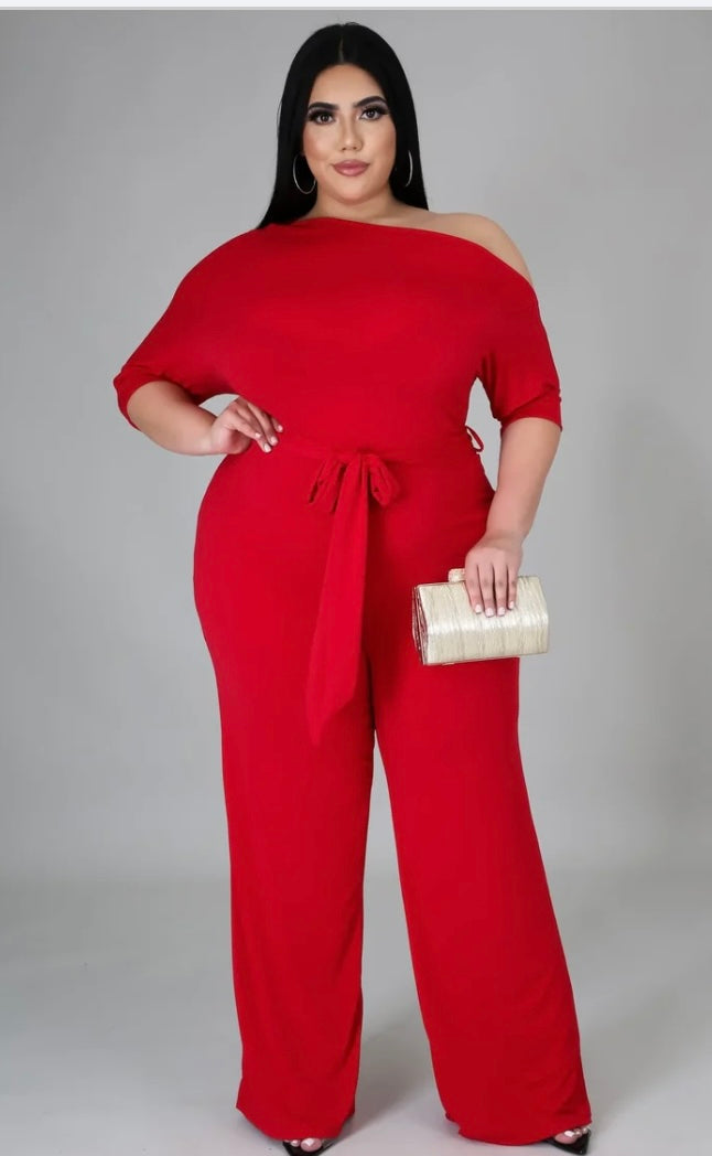 PLUS SIZE WIDE LEG JUMPSUIT W/BELT.-RED-12