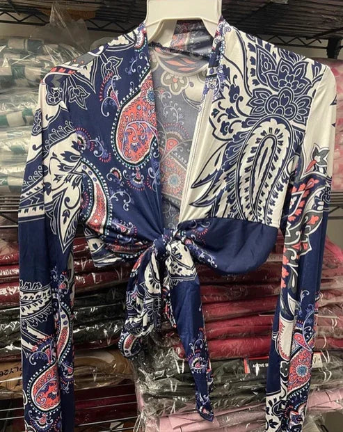 Navy blue Paisley mix printed tie front top – flyfatchick