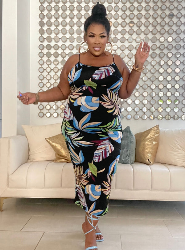 BLACK/BLUE FLORAL PRINTED BODYCON DRESS flyfatchick