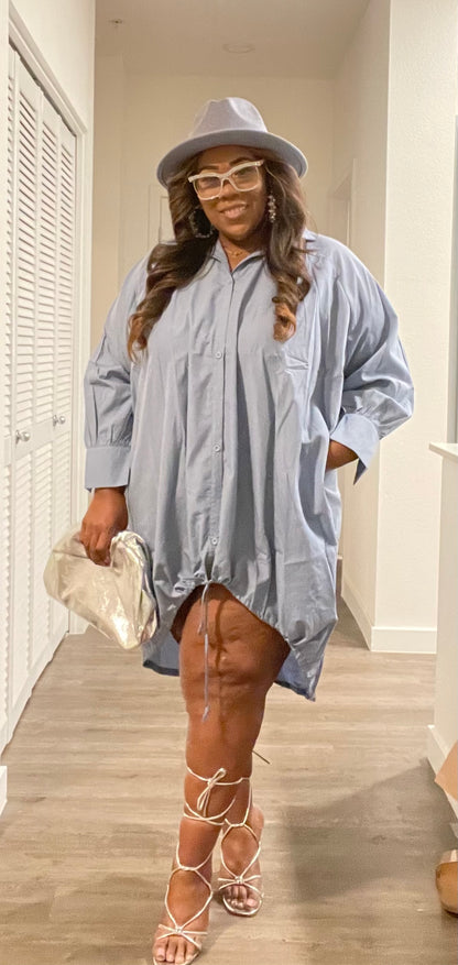 Oversized Bubble Long Sleeve Drawstring Hem Shirt Dress-04