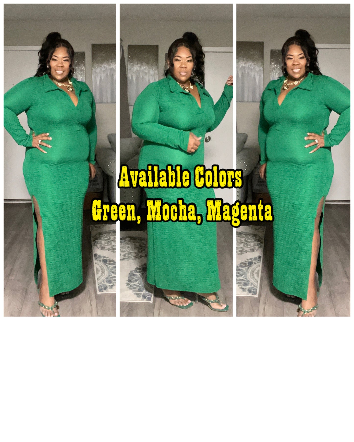 PLUS SIZE LONG SLEEVE COLLARD MAXI DRESS