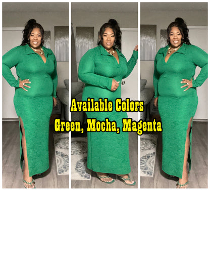 PLUS SIZE LONG SLEEVE COLLARD MAXI DRESS