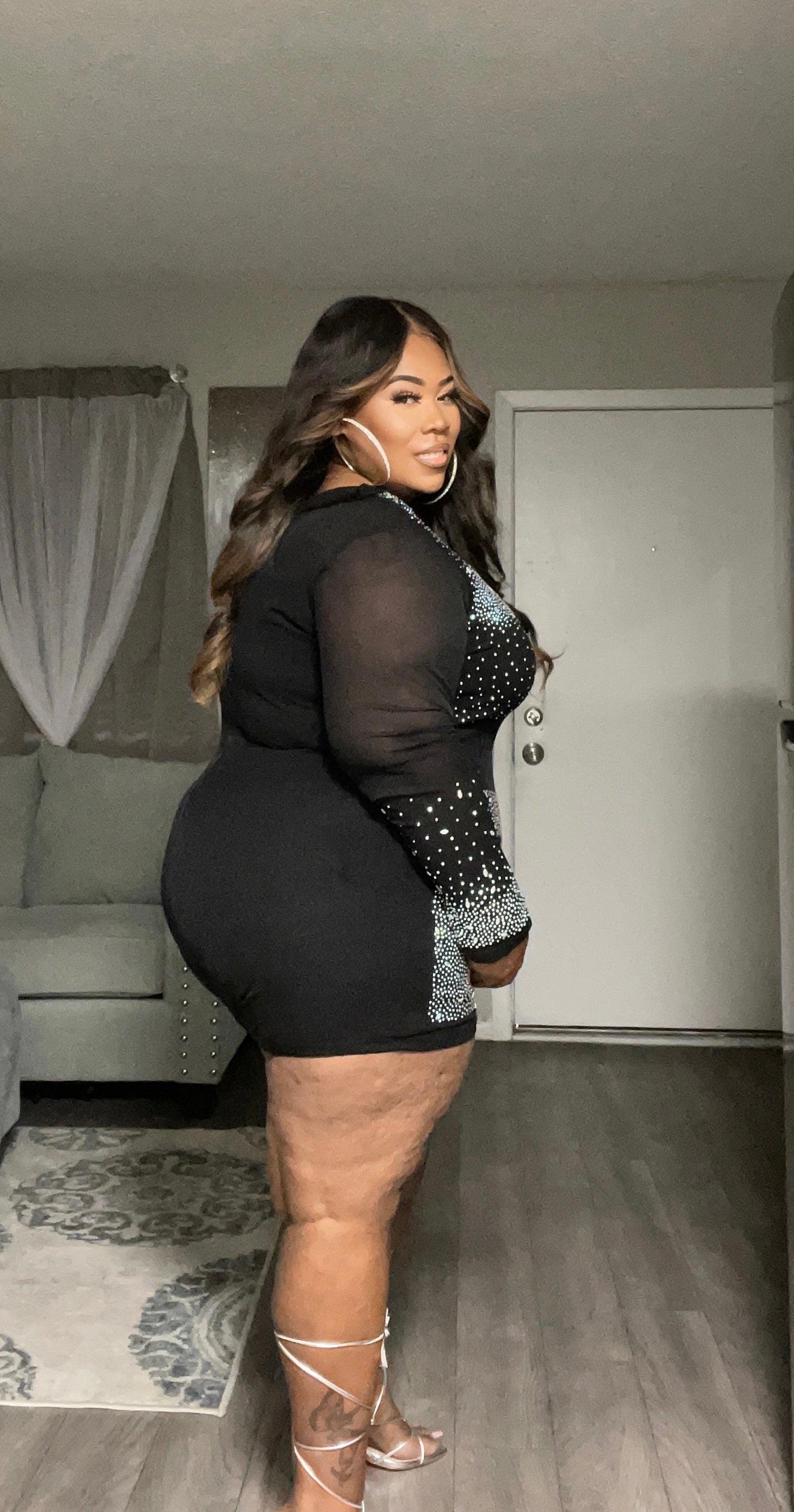 PLUS SIZE LONG SLEEVE MESH STUDS DETAILED ROMPER