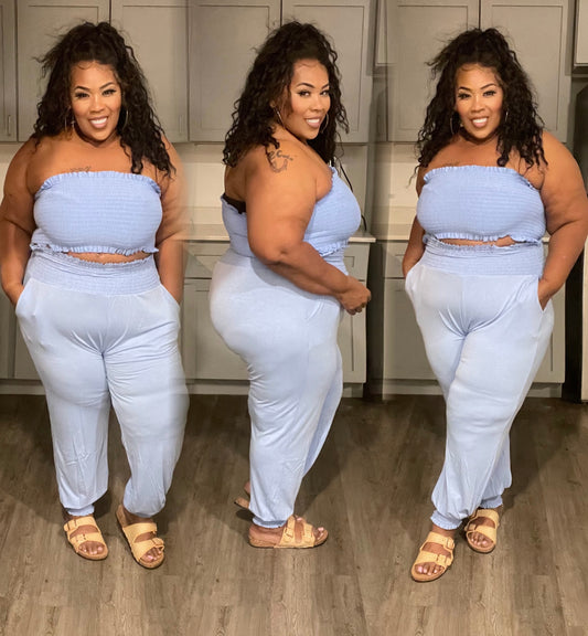 PLUS SMOCKED TUBE TOP & JOGGER PANTS-SPRING BLUE