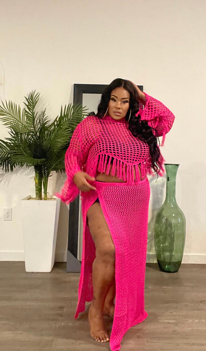 PLUS SIZE CROCHET FRINGE TWO-PIECE SKIRT SET W/SLITS-FUSCHIA-17