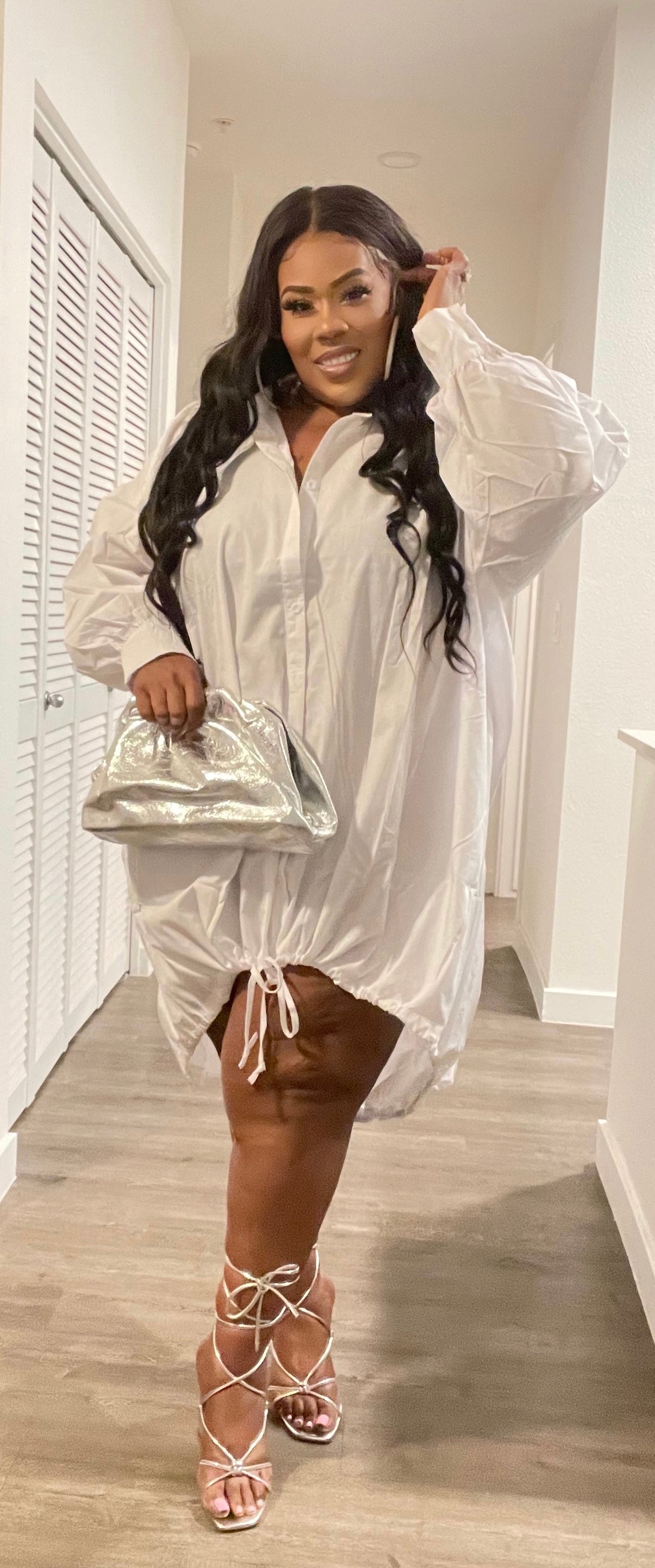 Oversized Bubble Long Sleeve Drawstring Hem Shirt Dress-04