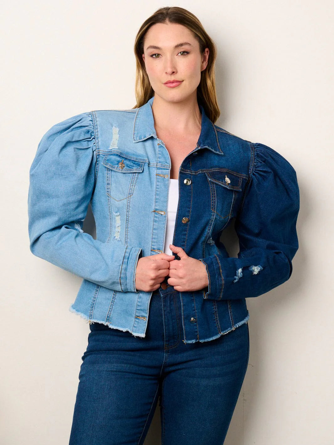 PLUS SIZE PUFF SLEEVE BUTTON DENIM JACKET-DUO DENIM