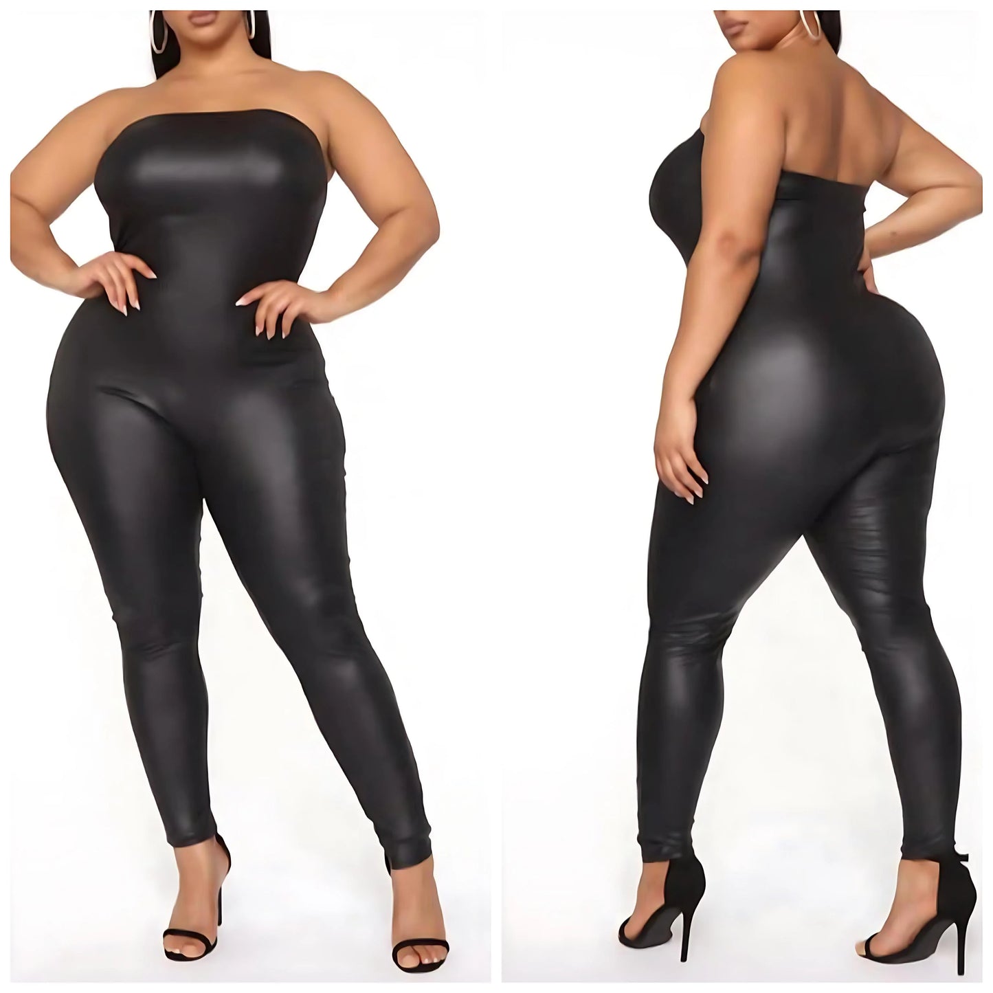 PLUS SIZE FAUX LEATHER HALTER JUMPSUIT