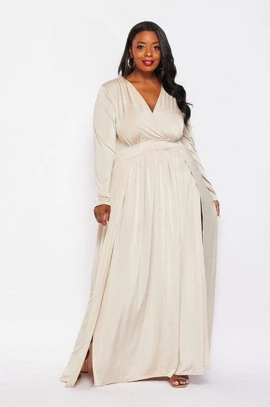 DOUBLE SLIT SEXY MAXI DRESS-BEIGE