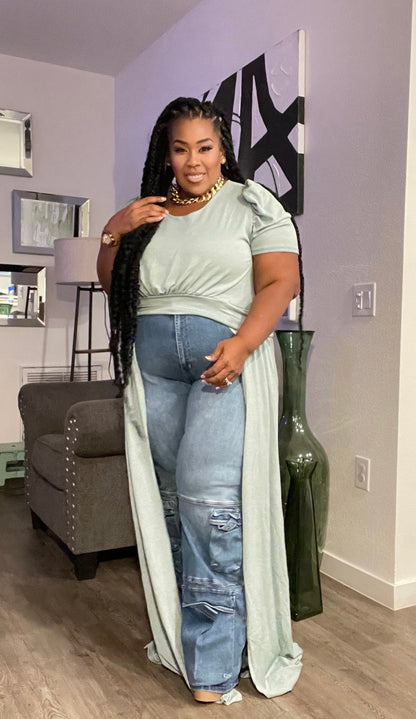 PLUS SIZE LONG FLARE FRONT PUFF SHOULDER TOP-MINT