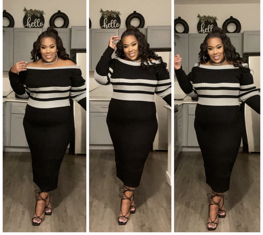 PLUS SIZE BLACK/GREY STRIPED LONG SLEEVE SWEATER DRESS