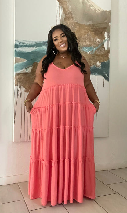 CORAL SPAGHETTI STRAP TIERED PLUS SIZE 2-POCKET MAXI DRESS (VERY ROOMY)