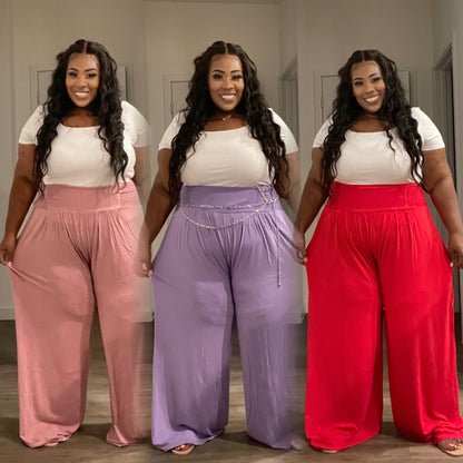 PLUS SMOCKED WAIST WIDE LEG PANTS-LT. ROSE