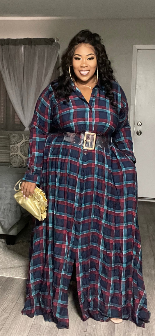 LONG SLEEVES BUTTON UP POCKETS PLAID MAXI DRESS
