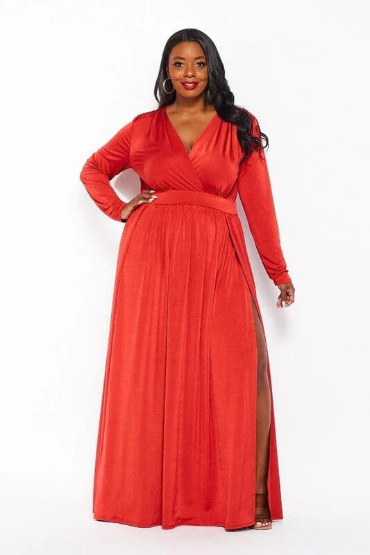 DOUBLE SLIT SEXY MAXI DRESS-RUST