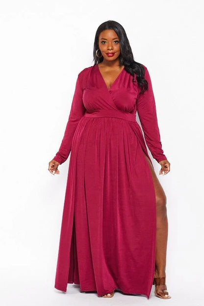 DOUBLE SLIT SEXY MAXI DRESS-BURGUNDY